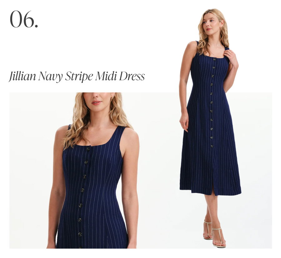 Jillian Navy Stripe Square Neck Sleeveless Button-Through Midi Dress
