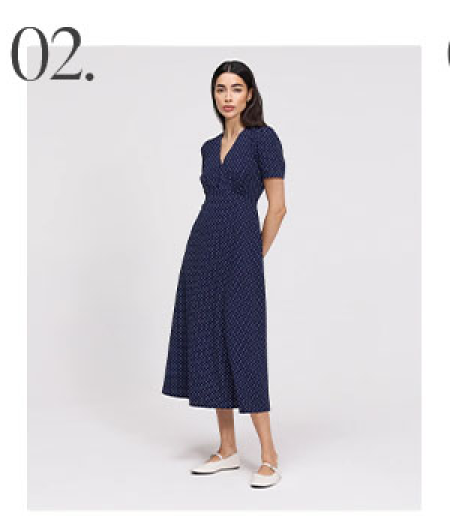 Nieve Navy Polka Dot Empire Waist V-Neck Midi Dress