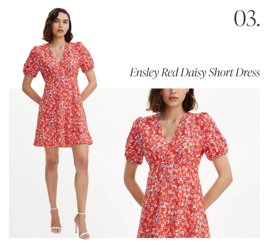 Ensley Red Daisy Puff Sleeve Empire Waist Short Dress