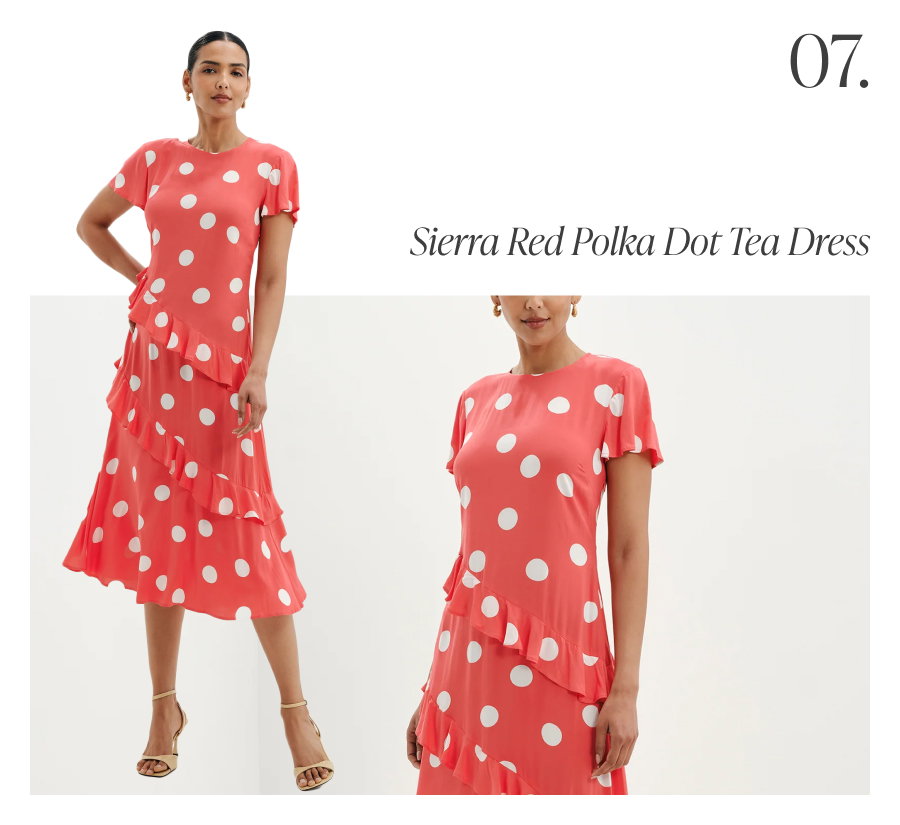 Sierra Red Polka Dot Asymmetric Frill Midi Tea Dress