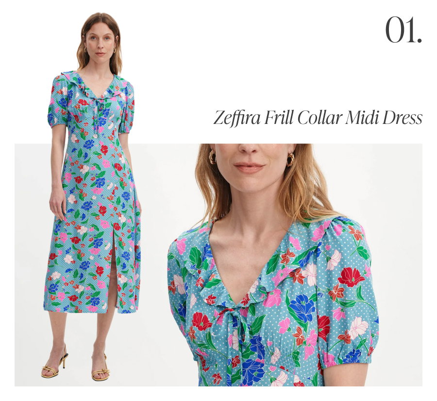 Zeffira Blue Floral Frill Collar Puff Sleeve Midi Dress