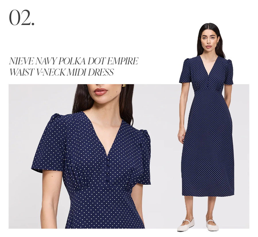 Nieve Navy Polka Dot Empire Waist V-Neck Midi Dress