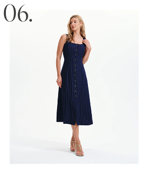 Jillian Navy Stripe Square Neck Sleeveless Button-Through Midi Dress