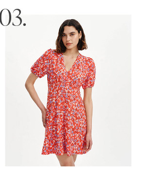 Ensley Red Daisy Puff Sleeve Empire Waist Short Dress
