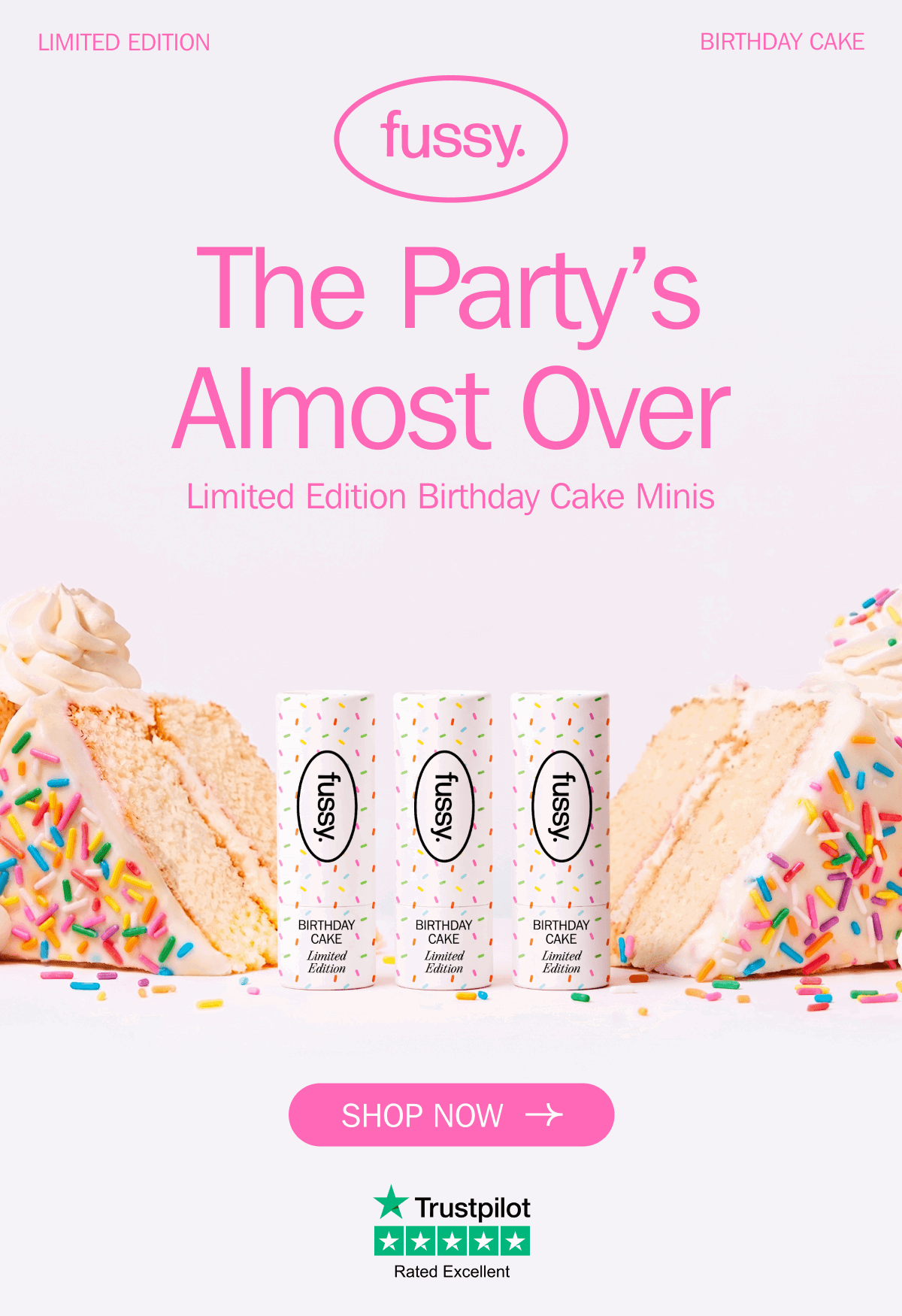 LIMITED EDITION - BIRTHDAY CAKE - fussy - The Party’s Almost Over - Limited Edition Birthday Cake Minis | SHOP NOW