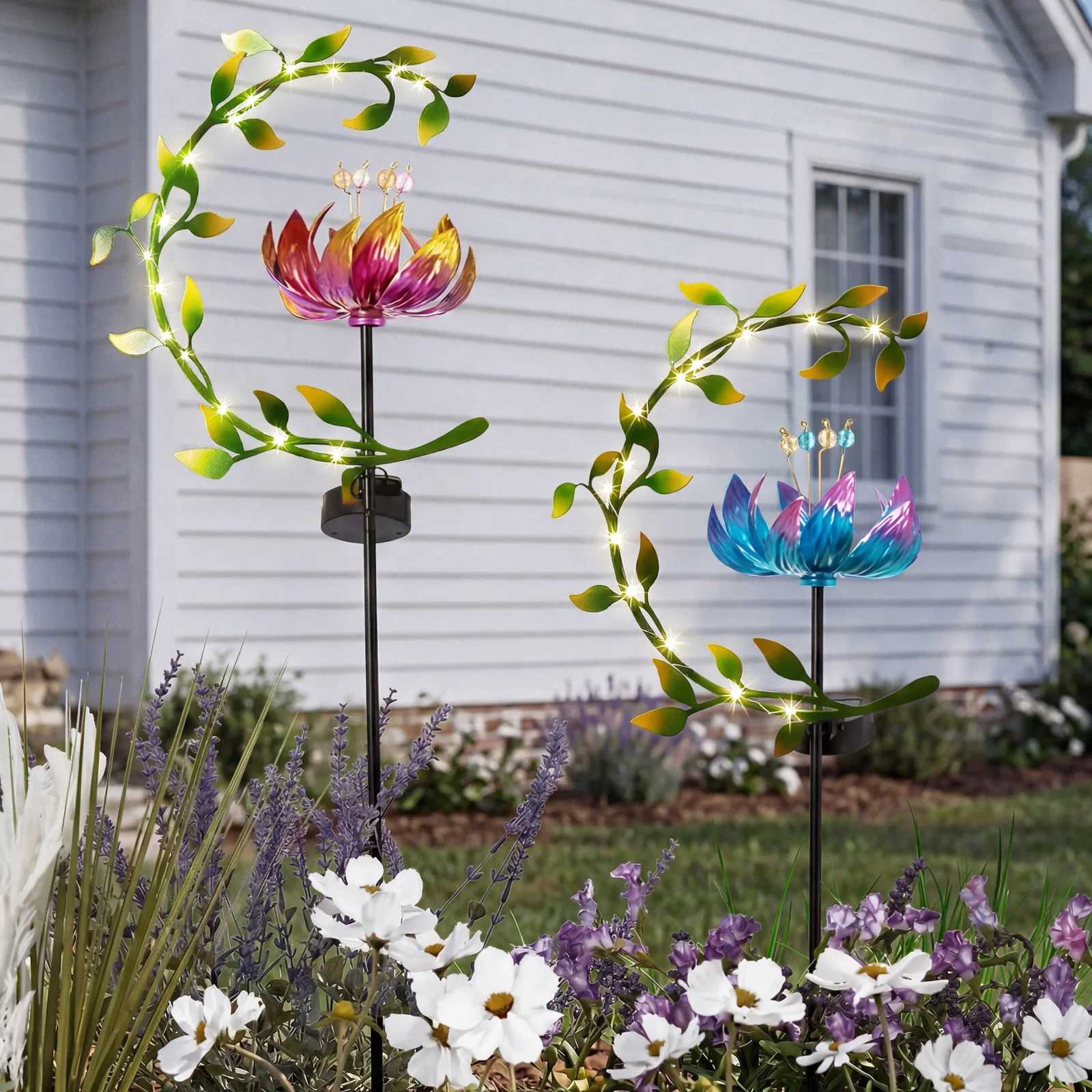 Image of Solar Flower and Leaves Wind Spinner Garden Stake Red or Blue