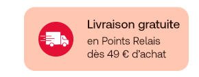 Icône rouge avec un camion, texte : Livraison gratuite en Points Relais dès 49 € d’achat, sur fond pêche.