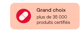 Icône rouge avec une capsule blanche, texte : Grand choix, plus de 35 000 produits certifiés, sur fond pêche.