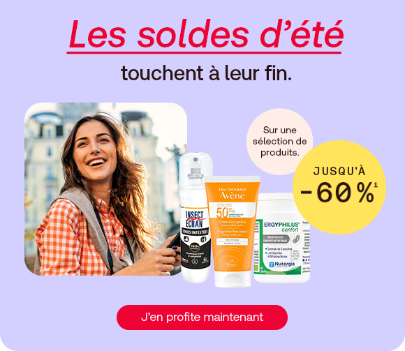 Bannière des soldes d’été montrant une femme souriante en extérieur ainsi que des produits Avène, Insect Ecran et Nutergia. Une sélection d’articles est proposée avec jusqu’à 60 % de réduction. Découvrez les offres avant la fin des soldes.