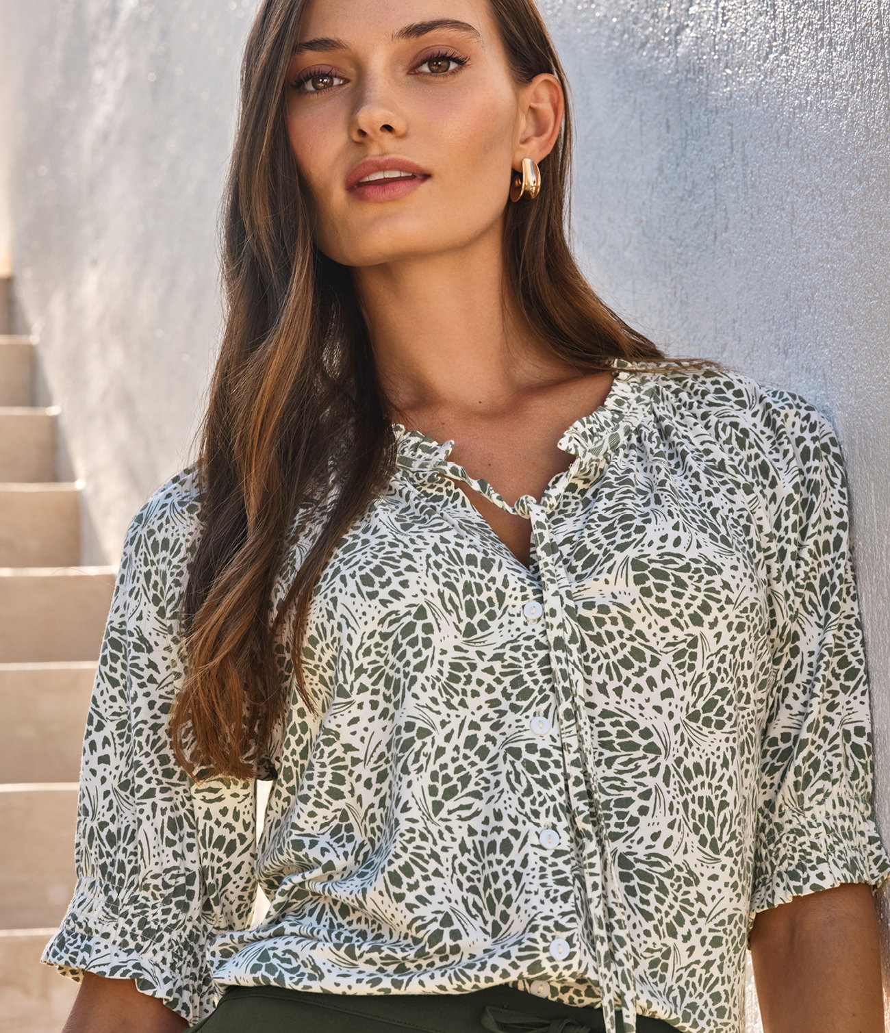Short Sleeve Tie Frill Neck Blouse