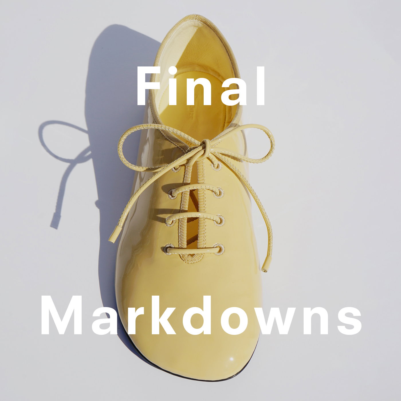 Still Life imahe of Glove Lace Up Flats in Soft Patent in Birch on a white surface, 'Final Markdowns' overlaid