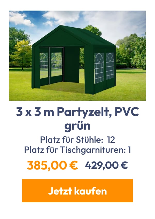 3 x 3 m Partyzelt, PVC grün | Platz für Stühle: 12 Platz für Tischgarnituren: 1 | 385,00 € | 429,00…