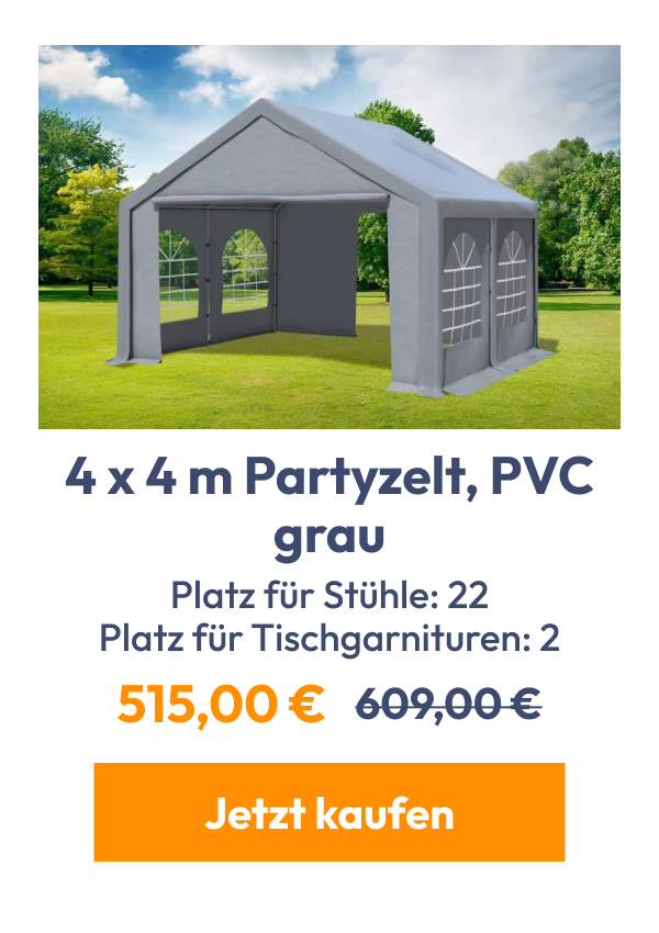 4 x 4 m Partyzelt, PVC grau | Platz für Stühle: 22 Platz für Tischgarnituren: 2 | 512,00 € | 609,00…