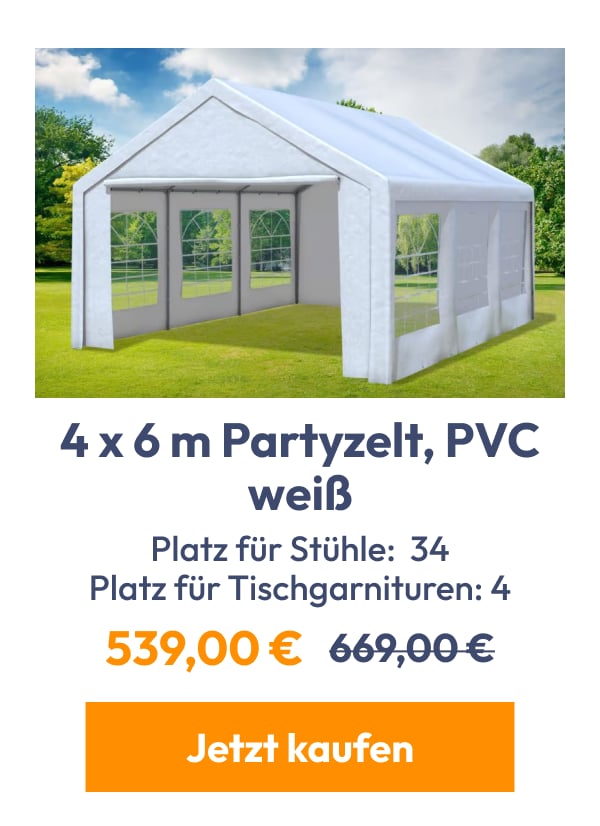 4 x 6 m Partyzelt, PVC weiß | Platz für Stühle: 34 Platz für Tischgarnituren: 4 | 539,00 € | 669,00…