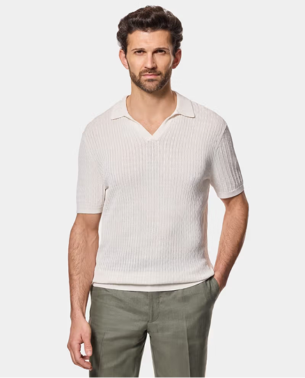 Cream Premium Cable Knit Polo Shirt – Short Sleeve
