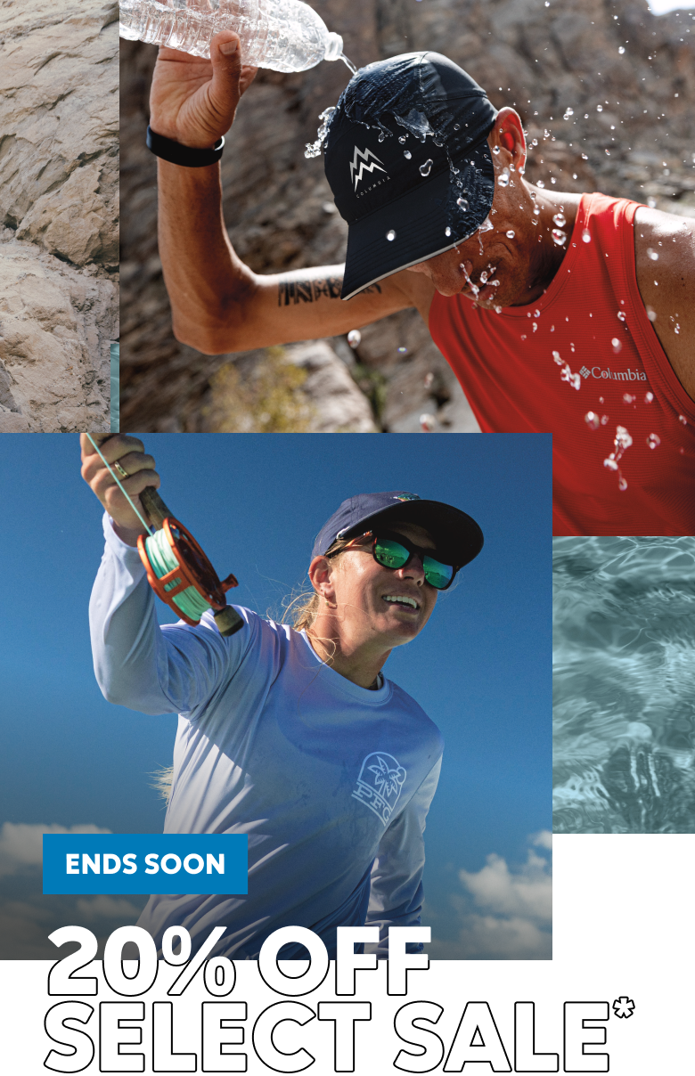 Images of people outside fishing and running with text: ENDS SOON 20% OFF SELECT SALE*