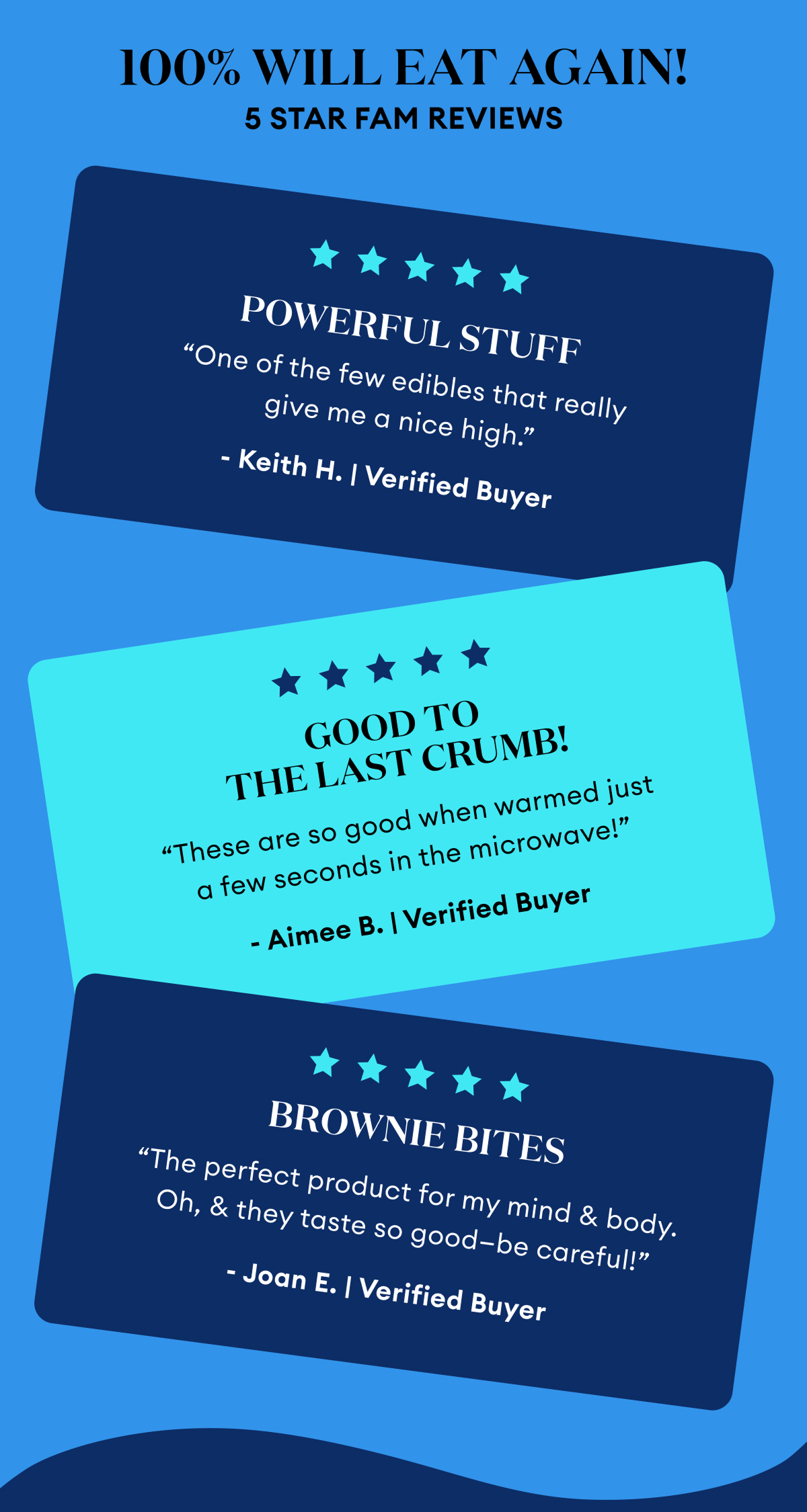 100% Will Eat Again! | 5 Star Fam Reviews | Powerful Stuff “One of the few edibles that really give me a nice high.” - Keith H. | Verified Buyer | Good to the last crumb! “These are so good when warmed just a few seconds in the microwave!” - Aimee B. | Verified Buyer | Brownie Bites “The perfect product for my mind & body. Oh, & they taste so good—be careful!” - Joan E. | Verified Buyer