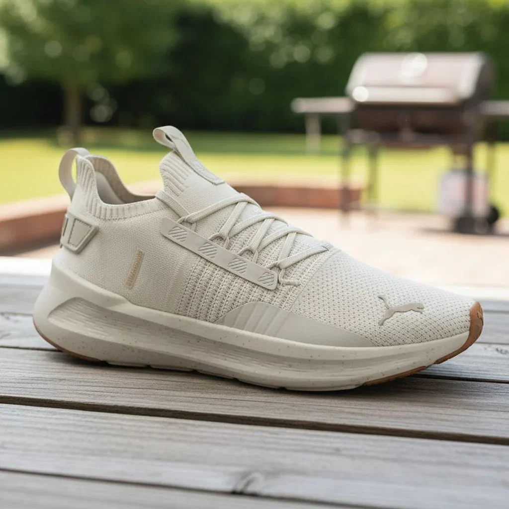 Cream-colored PUMA sneaker displayed on wooden deck with park setting and grills in background
