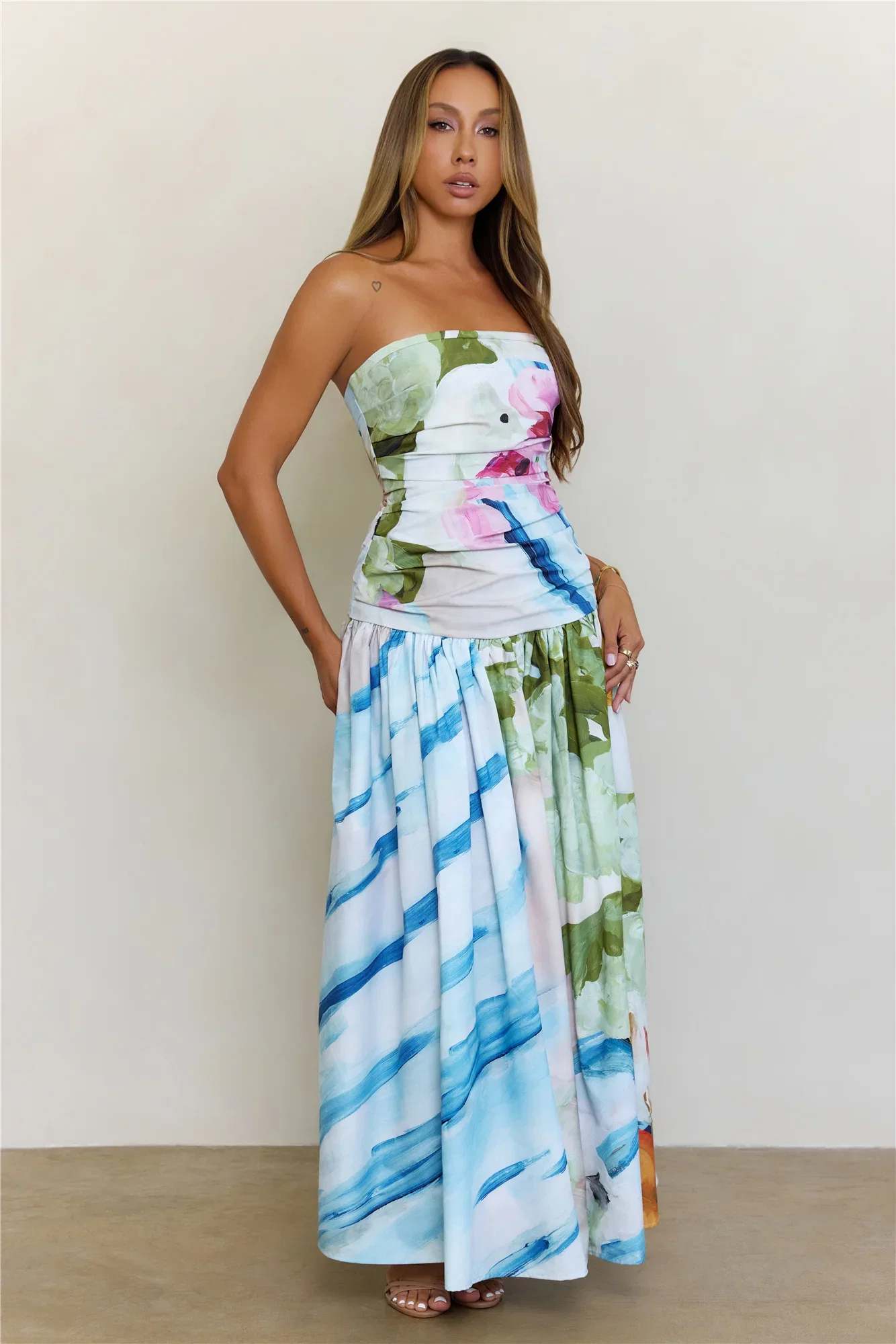 Image of Radiant Garden Floral Strapless Drop Waist Maxi Dress Multi