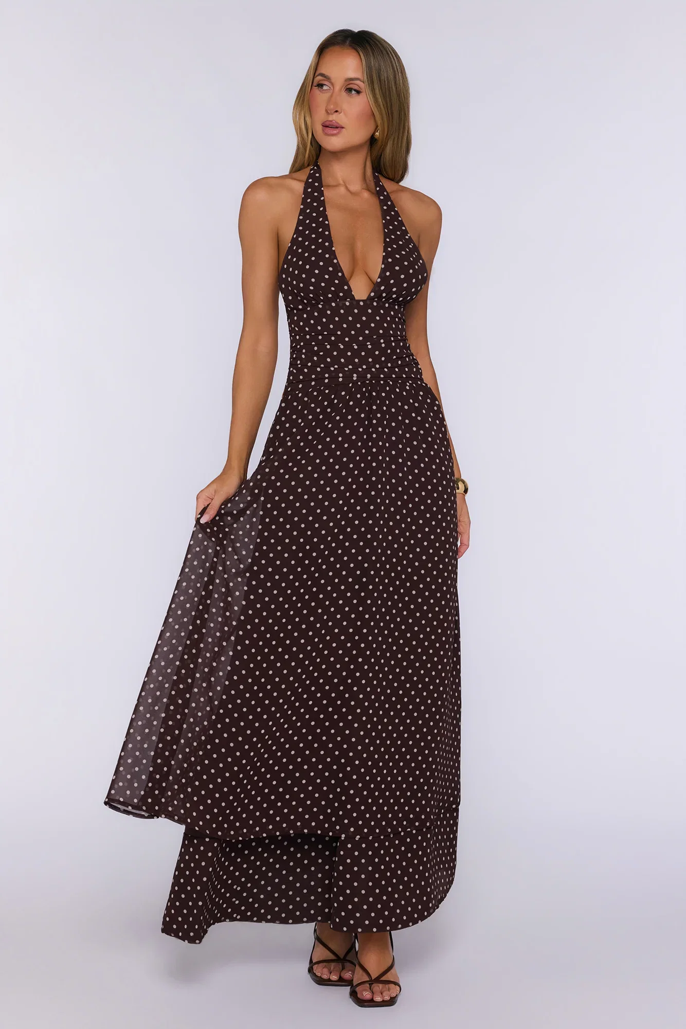 Image of Dress Louder Halter Polka Dot Maxi Dress Brown