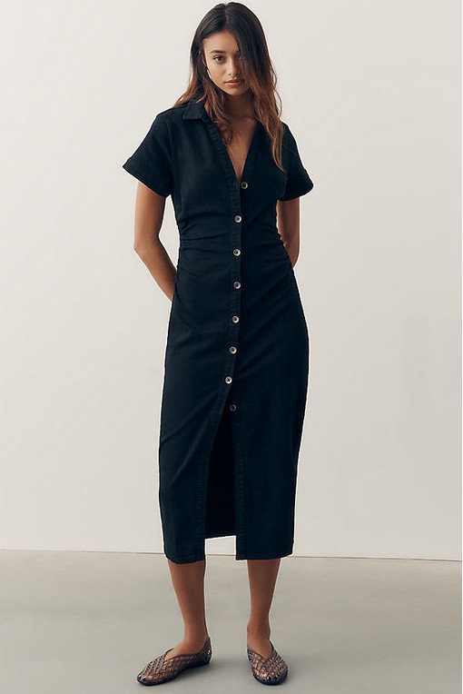 Pilcro Short-Sleeve Ruched Denim Midi Shirt Dress