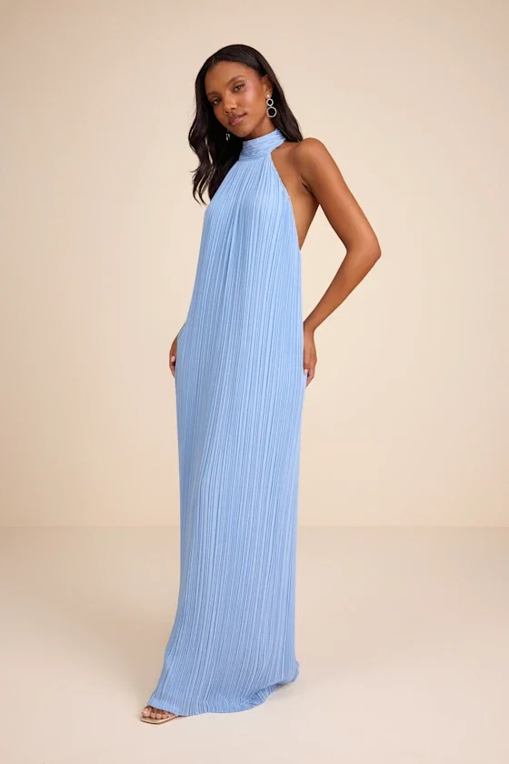 Image of Marta Powder Blue Pleated Backless Maxi Dress