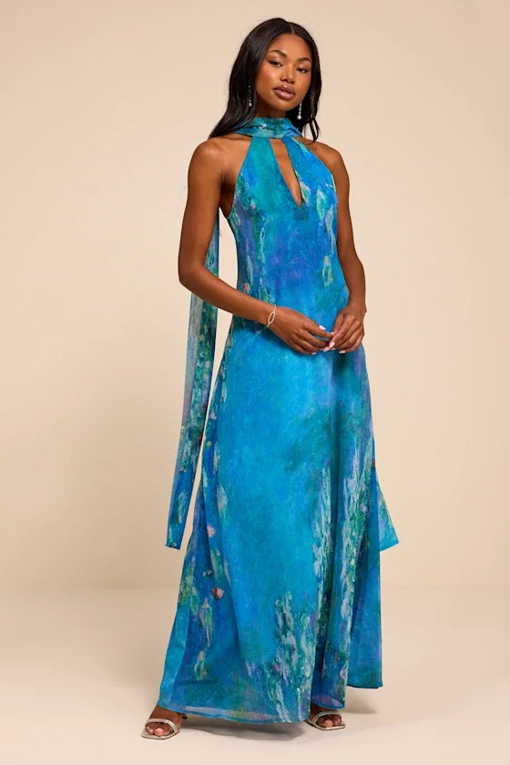 Image of Calixta Blue Abstract Chiffon Sash Shift Maxi Dress