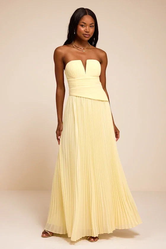 Image of Zea Light Yellow Pleated Drop Waist Maxi Dress