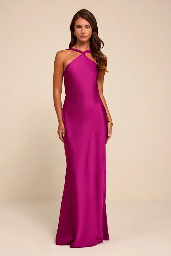 Image of Sienna Magenta Satin Backless Maxi Dress