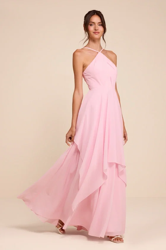 Image of Aletta Light Pink Tiered Halter Maxi Dress