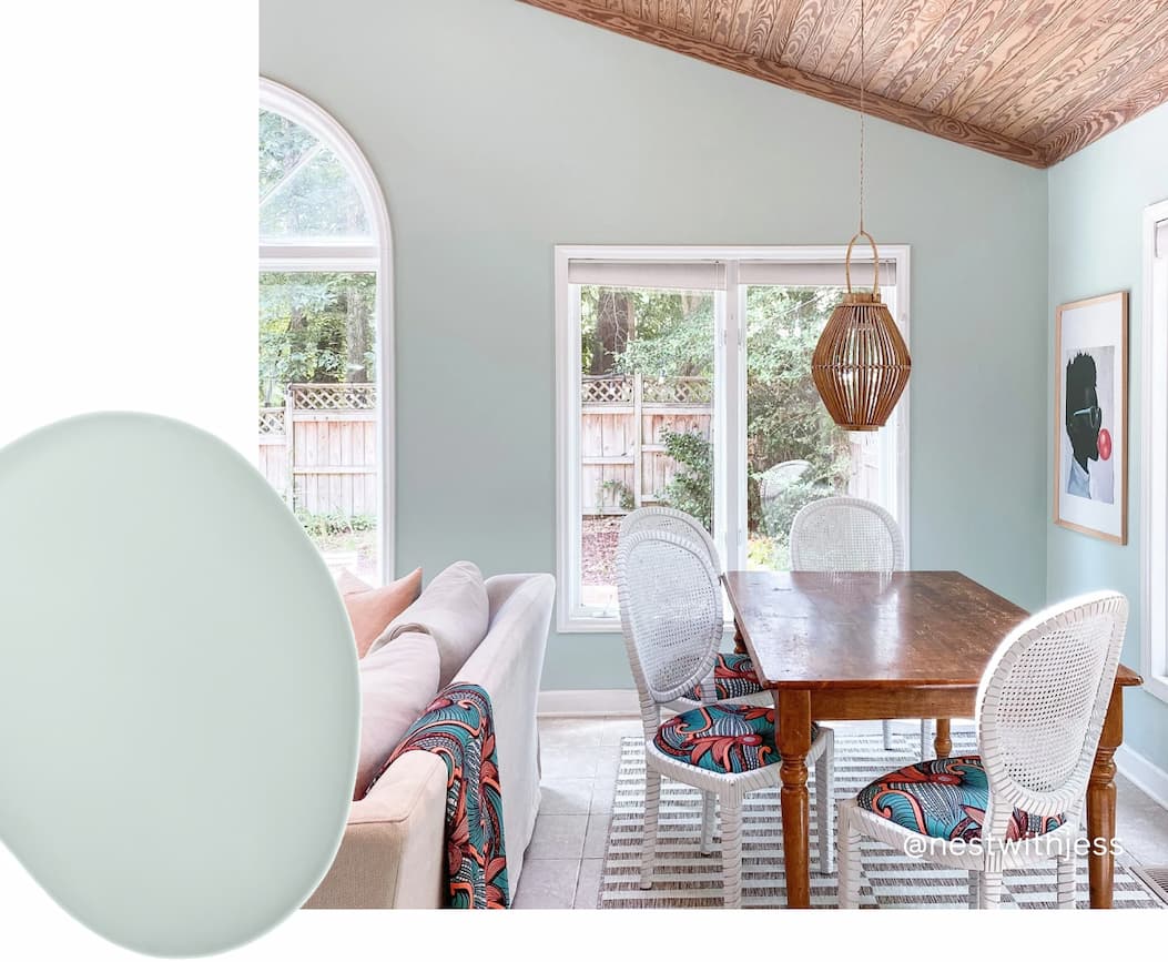 Living room featuring light blue green paint color Headspace by Clare