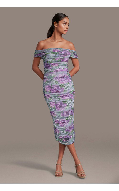 Off-the-Shoulder Floral Mesh Midi Dress