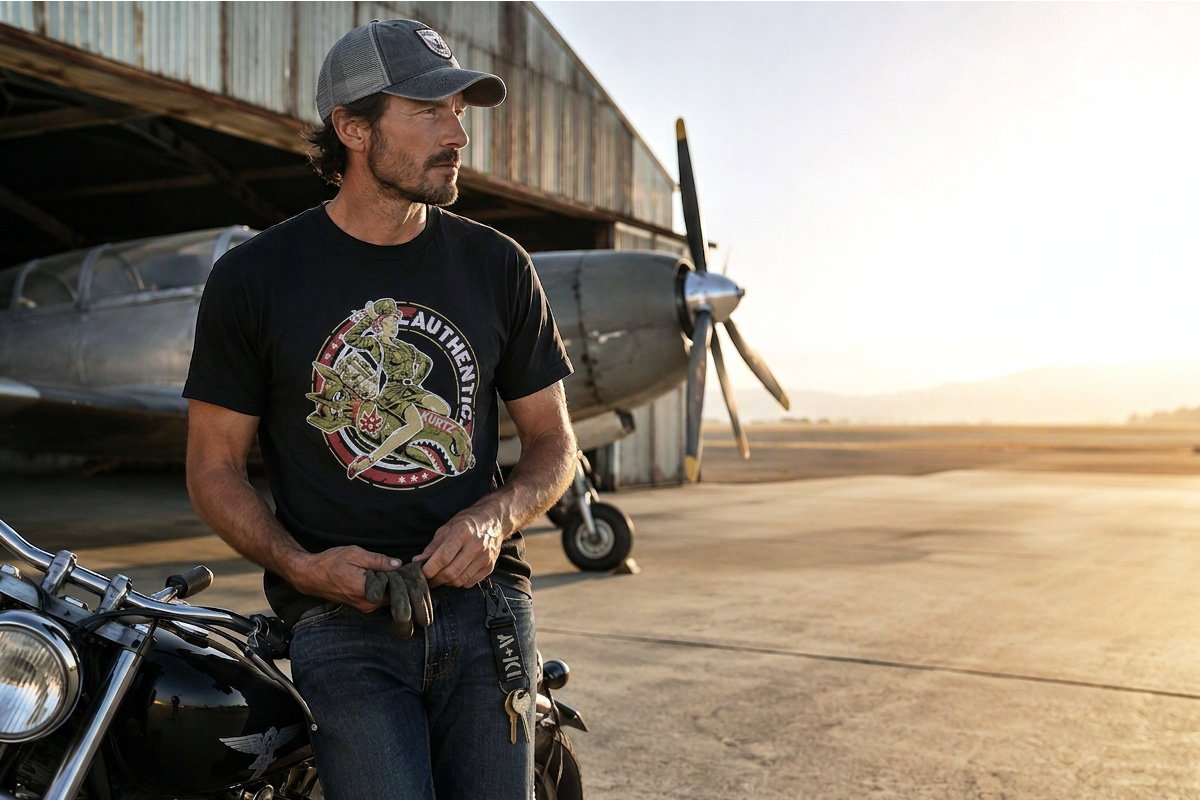 A. Kurtz summer essentials: Jet Pilot cap, Fritz Military cap, graphic tee, and keychain hook