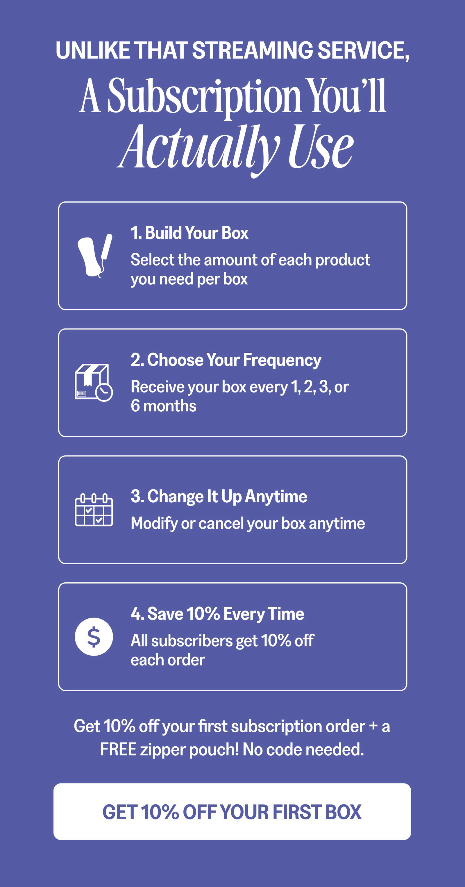 Subscribe once, save 10% forever. Because you deserve a cycle that’s easy. Build Your Box & Save 10% Now