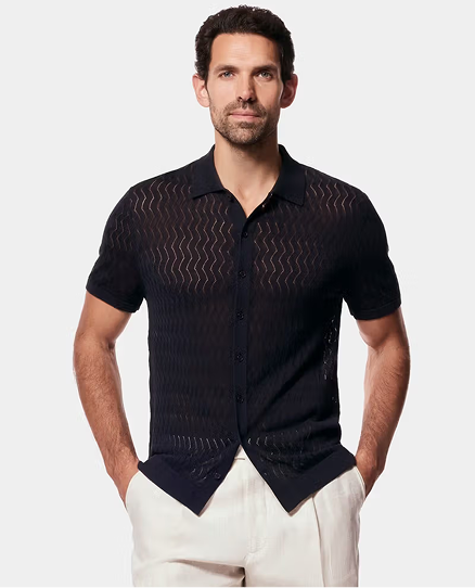 Midnight Navy Premium Button Through Zig Zag Stitch Polo Shirt