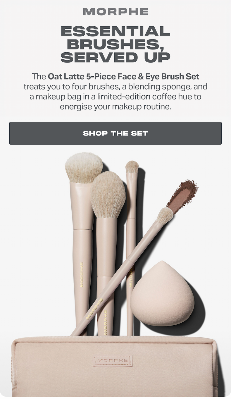 The Oat Latte 5-Piece Face & Eye Brush Set treats you to four brushes, a blending sponge, and a makeup bag in a limited-edition coffee hue to energize your makeup routine.