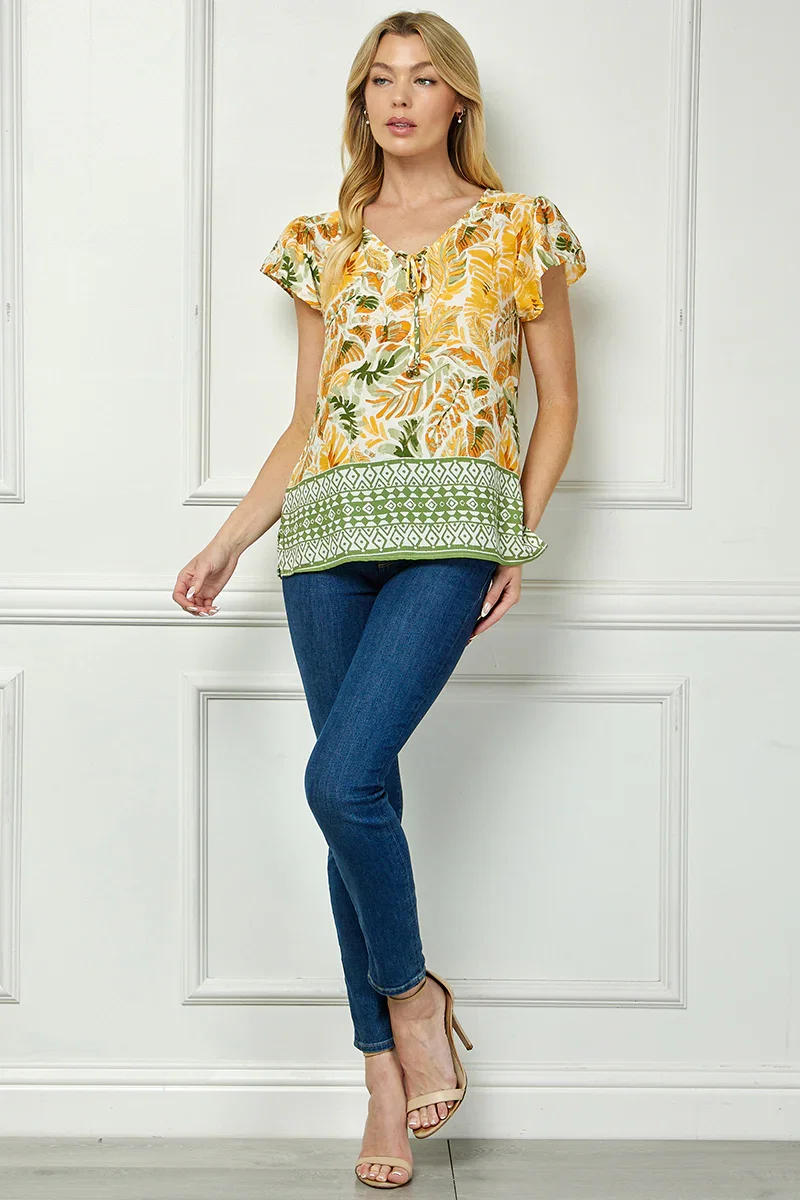 Image of Flutter Sleeve Beaded Tie-Neck Print Blouse in Cream/Rust/Sage
