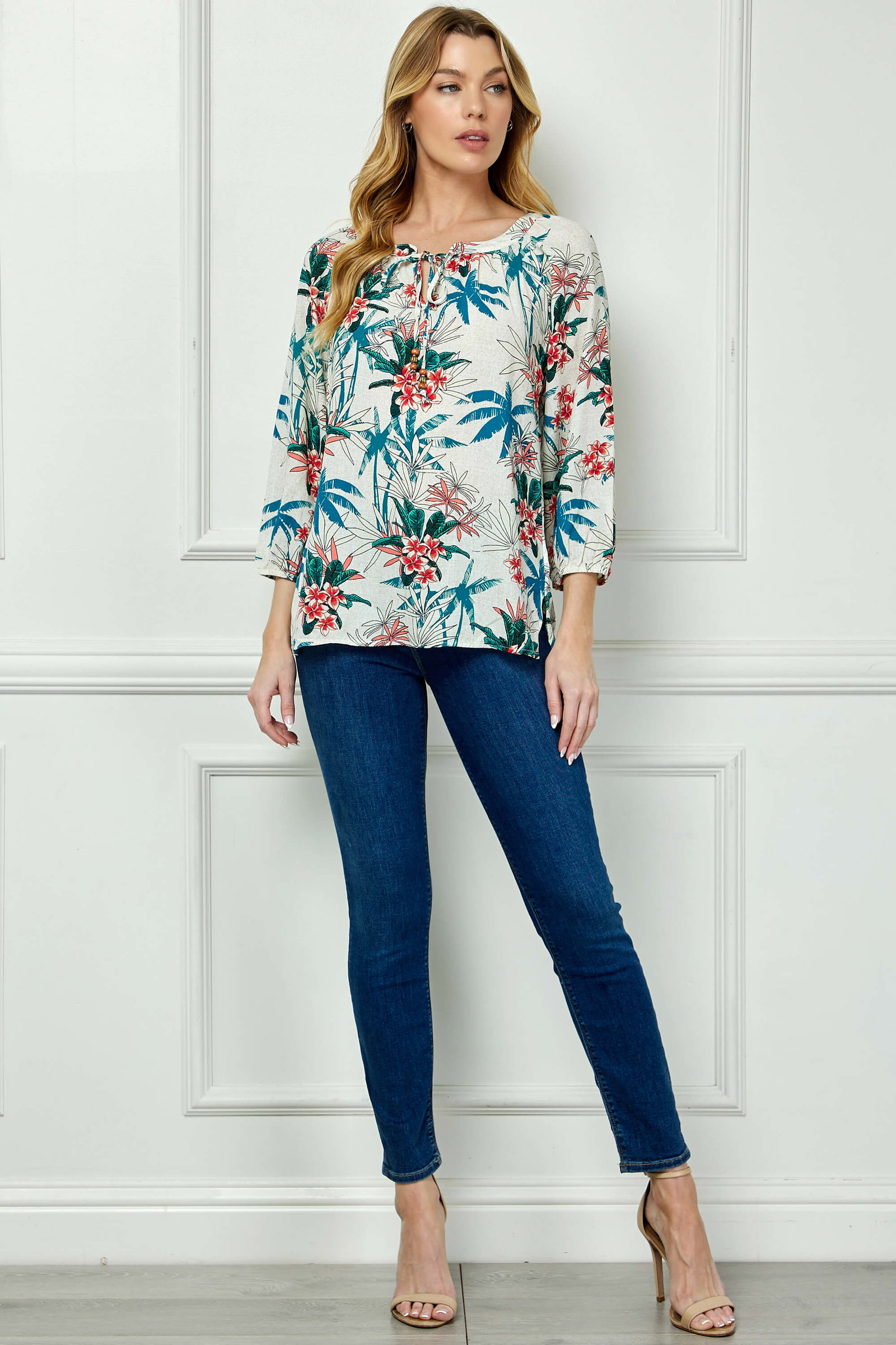 Image of 3/4 Sleeve Beaded Tie-Neck Blouse in Tan/Teal/Rust