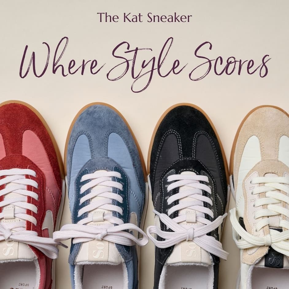 the Kat sneaker, where style scores, four colorful sneakers in a row