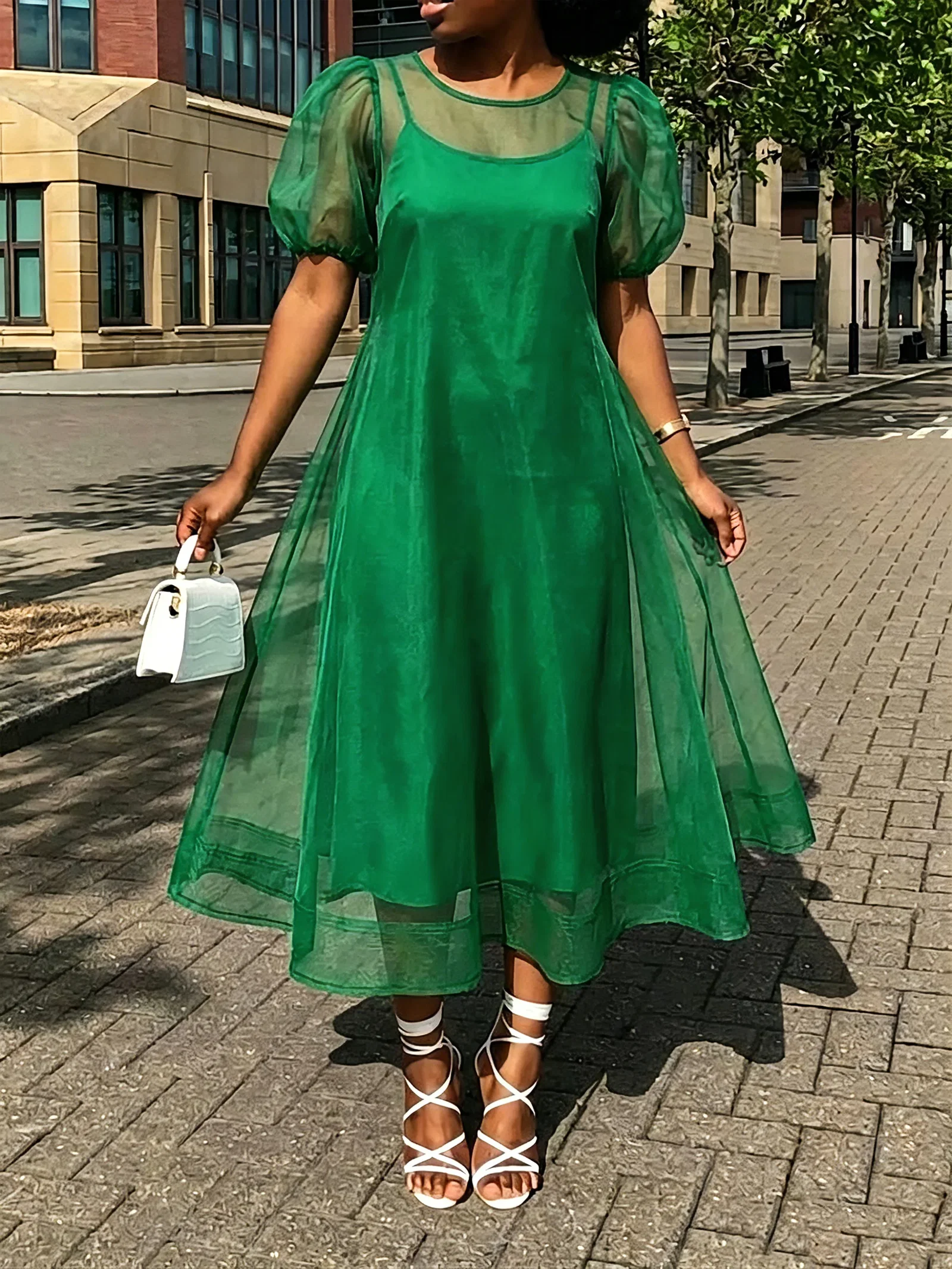 Elegant Puff Sleeve Two-Piece Midi Dress
