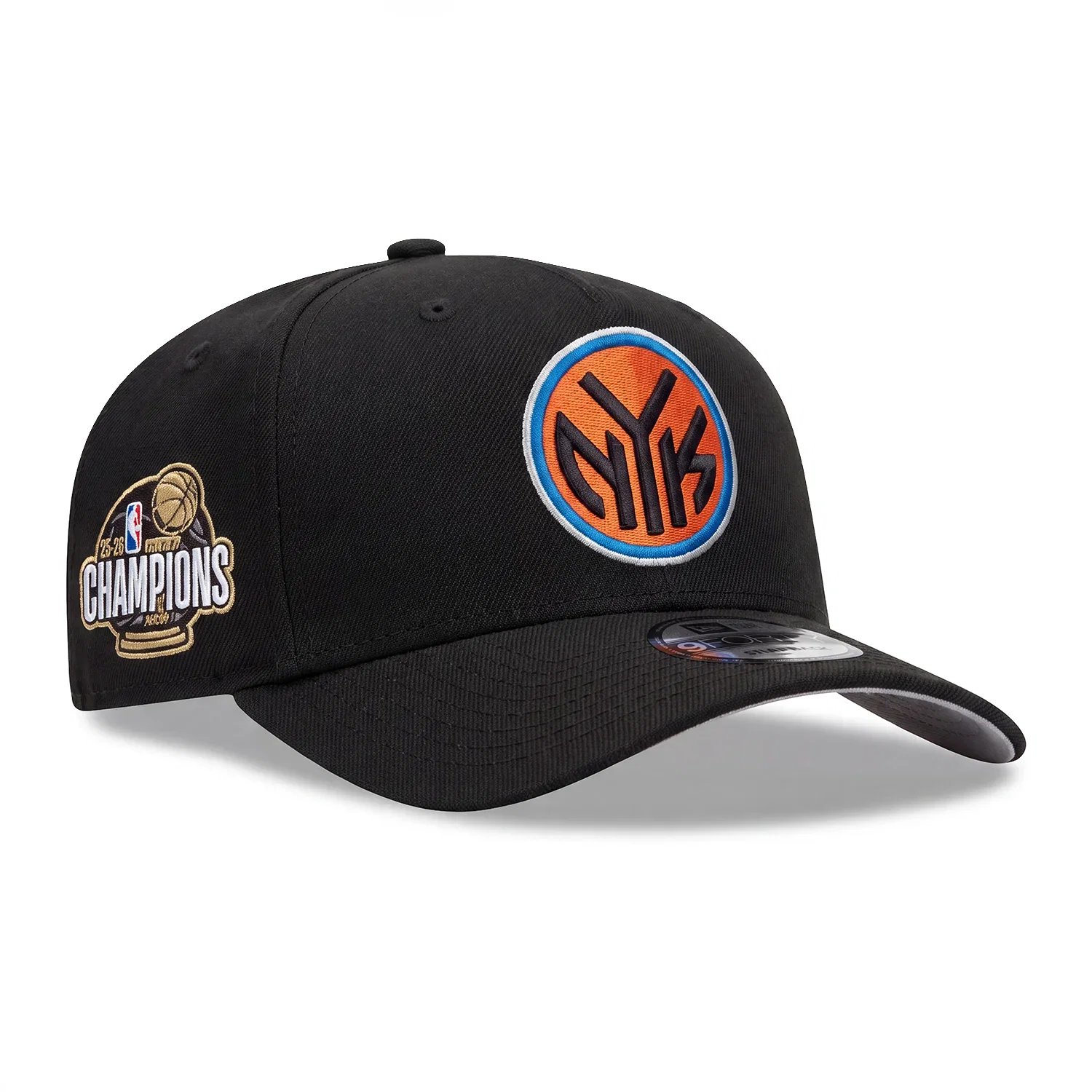 Image of Pre-Order New Era 9Forty A-Frame New York Knicks 2026 NBA Champions Patch Token Snapback Hat - Black