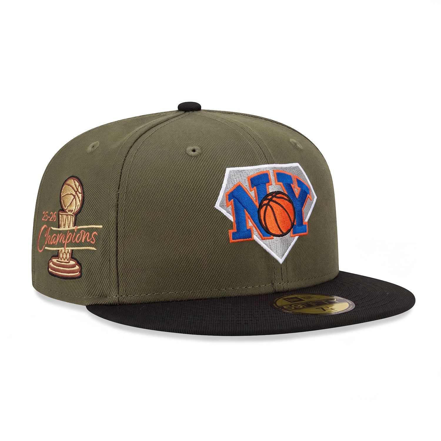 Image of Pre-Order New Era 59Fifty New York Knicks 2026 NBA Champions Trophy Patch NY Ball Hat - Olive, Black