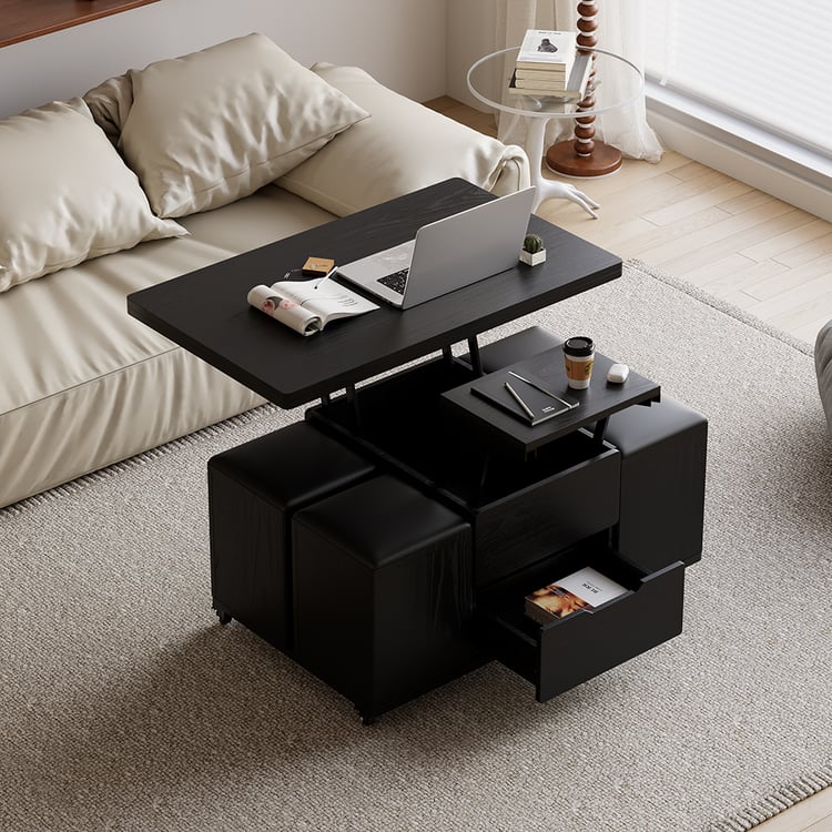 39" Lift-Top Foldable Black Coffee Table with 4 Stools & Storage