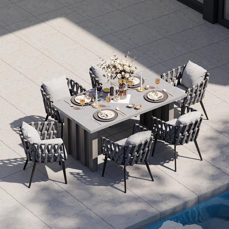 7-Piece Outdoor Extendable Dining Set with Aluminum Table and 6 Woven Chairs in Gray