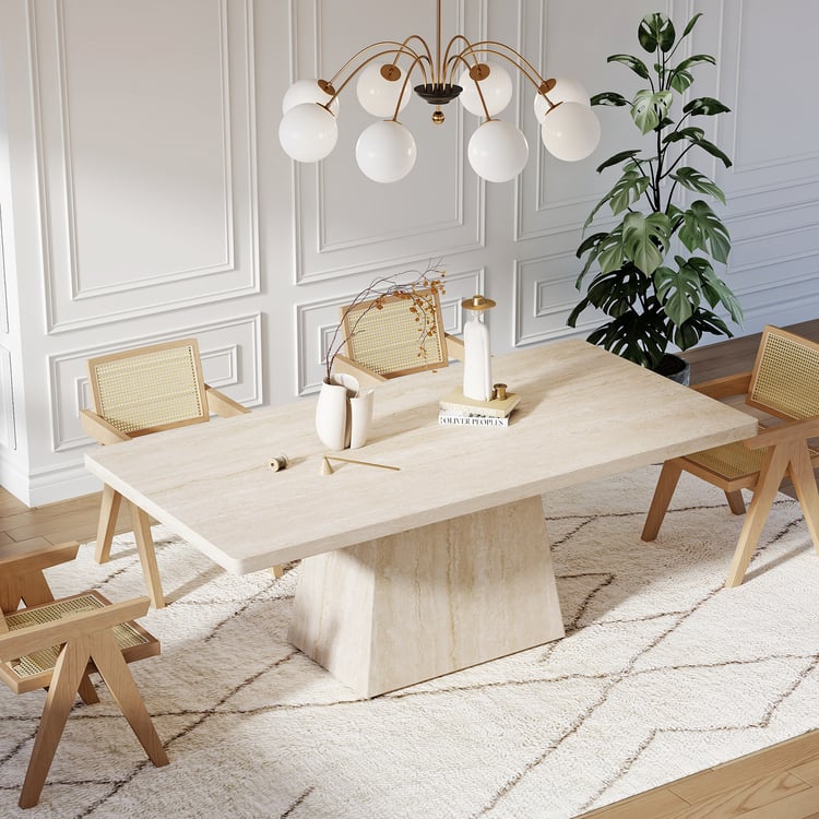 Modern 79" Rectangular Faux Travertine Dining Table, Indoor/Outdoor, Seats 6