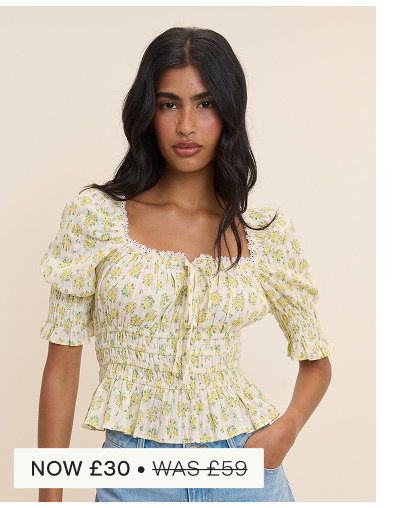 White and Yellow Floral Shirred Top