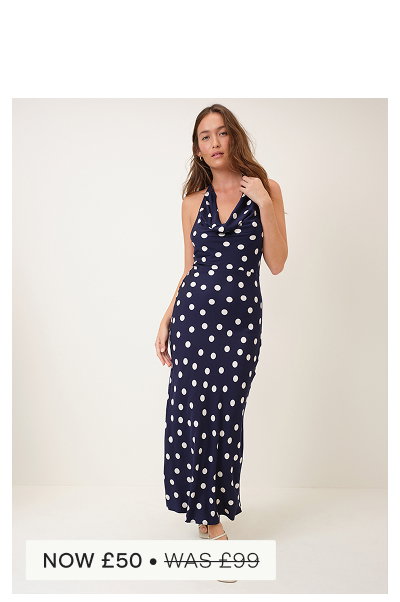 Navy Polka Dot Cowl Halterneck Dolly Maxi Dress