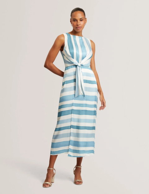 KAHYA Blue Stripe Tie Front Sleeveless Midi Dress