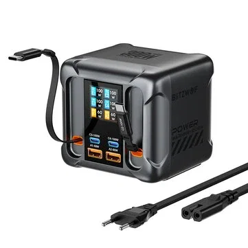 [GaN Tech] Blitzwolf® BW-S35 300W 6 Ports USB PD Digital Display Charger with Retractable Cable 4USB-C+2USB-A QC PD Fast Charging Desktop Charging Station for iPhone 17 16 16 Pro 15 14 13 Pro Max for MacBook Pro for Airpods for Apple Watch