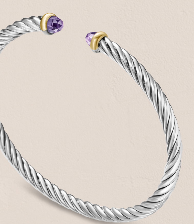 Cable Flex® BraceletSterling Silver with 14K Yellow Gold and Amethyst, 4mm